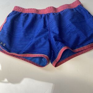Under armour heat gear shorts Women Sz L Fitted Drawstring Athletic Blue Striped